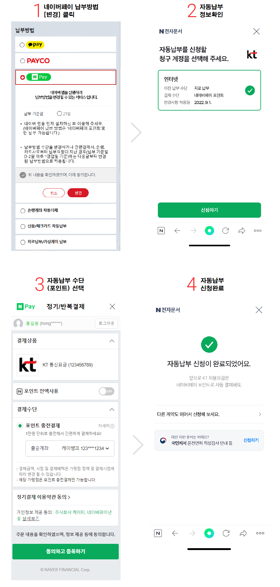 1. 네이버페이 납부방법 [변경] 버튼 클릭 , 2. 자동납부 정보 확인, 3. 자동납부 수단 (포인트) 선택 , 4. 자동납부 신청완료